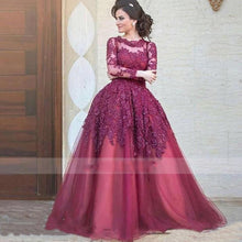 Load image into Gallery viewer, Vintage O-neck A-line Long Sleeve Prom Dresses 2020 Applique With Crystal Burgundy Evening Dress Arabic Women robe de soiree