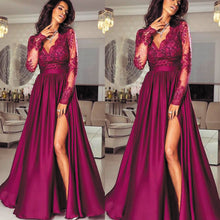 Load image into Gallery viewer, red prom dresses 2021 deep v neck long sleeve side slit satin floor length burgundy evening dresses