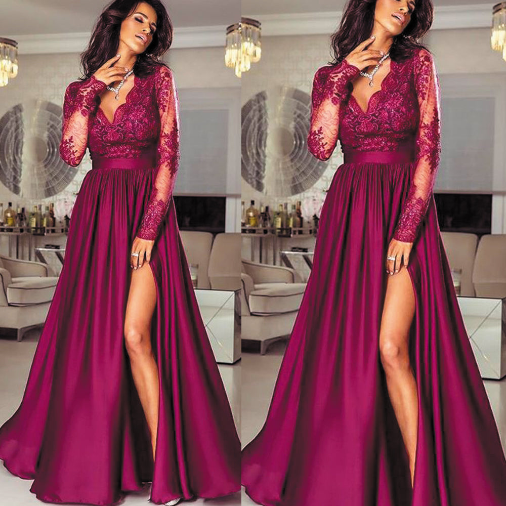 red prom dresses 2021 deep v neck long sleeve side slit satin floor length burgundy evening dresses
