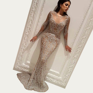 sliver prom dress crystal sheer crew neckline sequins mermaid floor length evening dresses gowns