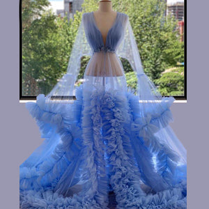 light blue prom dresses deep v neck long sleeve ruffle a line floor length tulle long evening dress