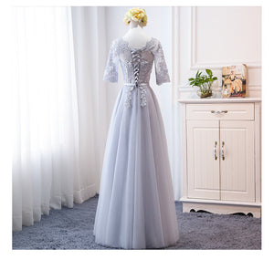 grey bridesmaid dresses 2021 sheer crew neck long sleeve lace appliques belt tulle long prom dress evening dresses