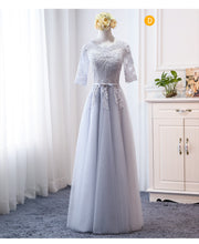 Load image into Gallery viewer, grey bridesmaid dresses 2021 sheer crew neck long sleeve lace appliques belt tulle long prom dress evening dresses