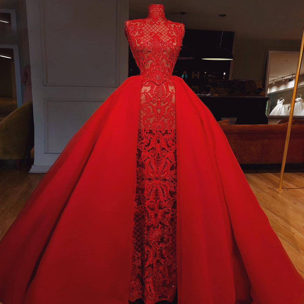 sexy red prom dress detachable skirt ball gown tulle lace long evening dresses gowns vestidos de fiesta