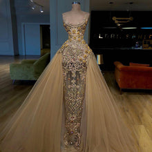 Load image into Gallery viewer, beaded prom dresses 2021 lace embroidery gold lace sheath sexy luxury evening dresses