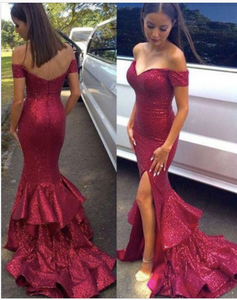 sparkly prom dresses 2021 burgundy off the shoulder sweetheart neckline mermaid ruffle long evening dresses gowns