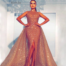 Load image into Gallery viewer, 2020 High Neck Evening Dresses Robe De Soiree Detachable Skirt Champagne Arabic Evening Gowns Long
