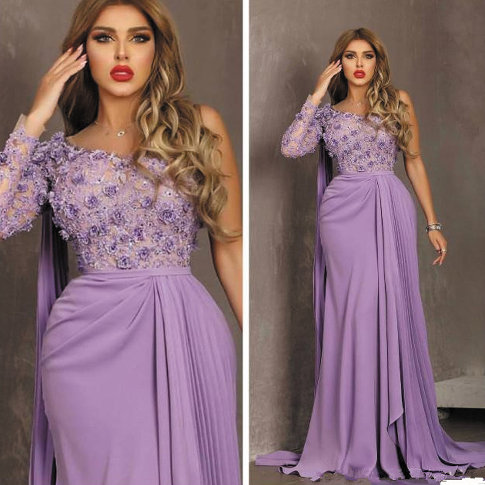 Purple Prom Dresses Robe De Soiree One Shoulder Lace Applique Floral Elegant Arabic Prom Gown Vestidos De Noite