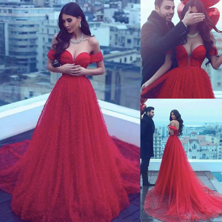 Red Prom A-line Off-the-shoulder Long Beading Prom Dresses Pearls Crystals Saudi Arabia Evening Gowns