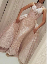 Load image into Gallery viewer, detachable prom dresses lace high neck pink evening dresses formal party dresses arabic evening gowns
