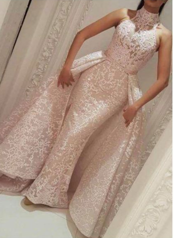 detachable prom dresses lace high neck pink evening dresses formal party dresses arabic evening gowns
