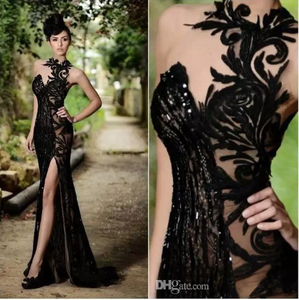 Black Mermaid Prom Dresses 2020 High Neck Evening Gowns Sequins Beading High Side Split Long Formal Party Dress