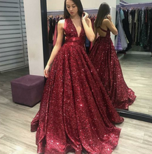 Load image into Gallery viewer, glister prom dresses 2020 deep v neck sparkly sequins ball gown floor length burgundy evening dresses formal dresses