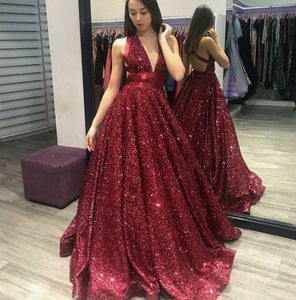glister prom dresses 2020 deep v neck sparkly sequins ball gown floor length burgundy evening dresses formal dresses