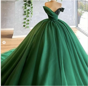 green prom dresses ball gown puffy tulle sequins beading floor length long arabic long evening dresses gowns