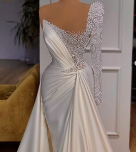 white prom dresses 2021 strapless neckline beading pearls crystal pleats satin floor length long evening dresses