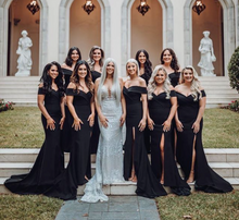 Load image into Gallery viewer, black bridesmaid dresses 2021 off the shoulder satin mermaid long evening dresses maid of honor dresses