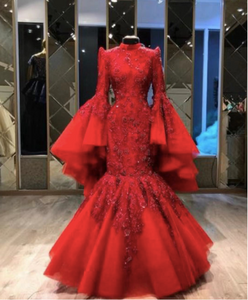 red prom dresses 2021 lace mermaid long sleeve lace appliques vintage evening dress