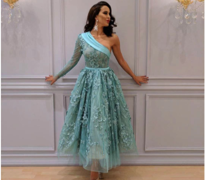 lace prom dresses 2021 green one shoulder long sleeve a line floor length long evening dresses gowns