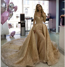 Load image into Gallery viewer, prom dresses 2021 gold sweetheart neckline lace appliques off the shoulder mermaid detachable chapel train evening dresses wedding dress