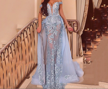 Load image into Gallery viewer, Kaftan Evening Dresses Sexy Tulle Deep-V-Neck Off-the-Shoulder Appliques Mermaid Prom Dress Evening Gowns With Removable tail