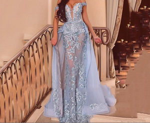 Kaftan Evening Dresses Sexy Tulle Deep-V-Neck Off-the-Shoulder Appliques Mermaid Prom Dress Evening Gowns With Removable tail