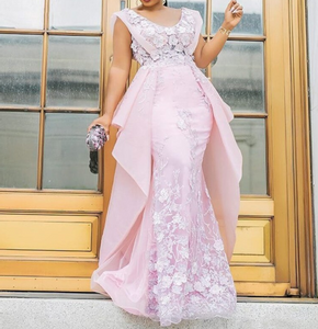 Plus Size Evening Gowns 2021 Chic Pink Scoop Mermaid Prom Dresses Lace Satin Chiffon Women Formal Dress