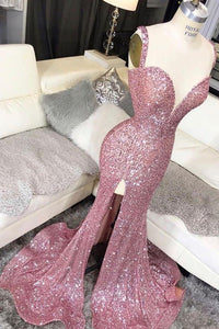 Evening Dresses Chic Sheath Long Front Split Sequin Shiny Long Prom Dresses Simple Party Dress 2021
