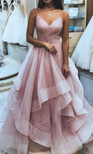 Load image into Gallery viewer, pink prom dresses 2021 gold sweetheart neckline pleats ruffle sequins sparkly shinning long evening dresses gowns