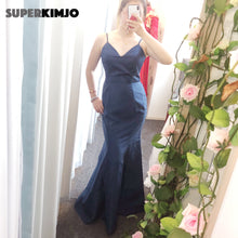 Load image into Gallery viewer, cheap prom dresses 2020 sweetheart neckline mermaid spagehetti neckline satin navy blue evening dress