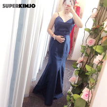 Load image into Gallery viewer, cheap prom dresses 2020 sweetheart neckline mermaid spagehetti neckline satin navy blue evening dress