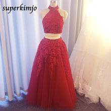 Load image into Gallery viewer, real picture prom dresses two pieces 2020 halter neckline red beaded formal dresses evening dresses lace