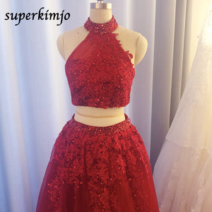 real picture prom dresses two pieces 2020 halter neckline red beaded formal dresses evening dresses lace