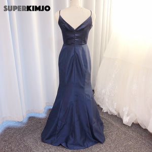 cheap prom dresses 2020 sweetheart neckline mermaid spagehetti neckline satin navy blue evening dress
