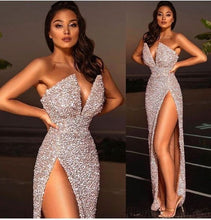 Load image into Gallery viewer, sliver prom dresses 2021 sweetheart neckline sleeveless mermaid side slit sexy evening dress