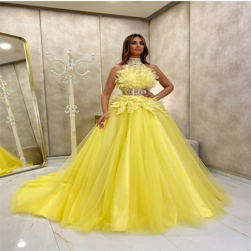 yellow prom dresses 2021 ball gown feather lace tulle floor length evening dresses gowns