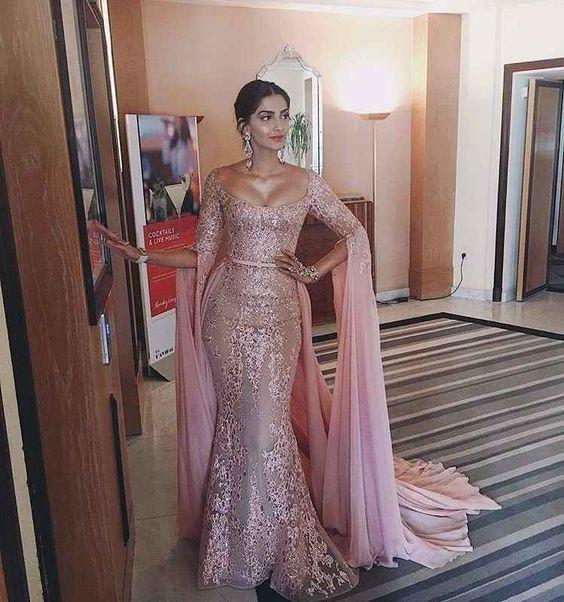 pink prom dresses 2021 long sleeve lace appliques chiffon mermaid long evening dresses gowns