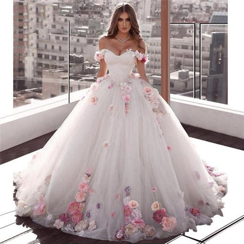 flowers wedding dresses 2021 sweetheart neckline beading pearls crystal tulle ball gown bridal dresses vestidos de noiva