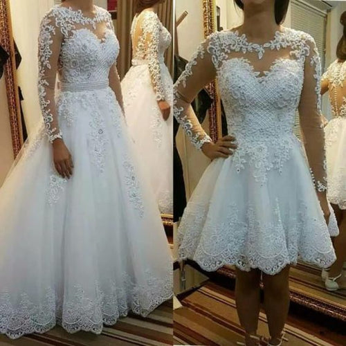 detachable wedding dresses 2021 sheer crew neckline long sleeve lace appliques floor length bridal dresses