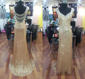 Sheer Back Gold Sequined Mermaid Prom Dresses 2021 Long Sexy Backless Evening Dress Dazzling Crystal Formal Party Gowns Real Pictures