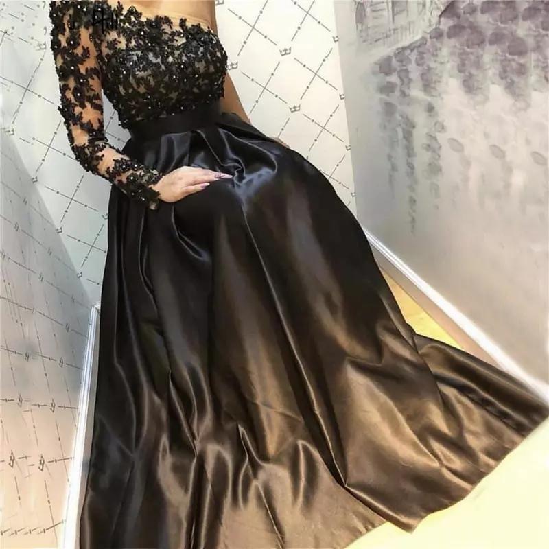 Classic Black Evening Dresses Satin A Line One Shoulder Long Sleeve Lace Prom Gowns Plus Size Arabic 2021 Formal Vestidos De Fiesta
