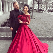 Load image into Gallery viewer, red prom dresses off the shoulder long sleeve lace appliques satin red long evening dresses