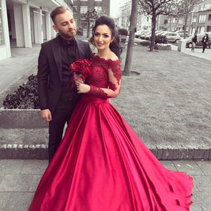 red prom dresses off the shoulder long sleeve lace appliques satin red long evening dresses