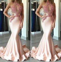 Load image into Gallery viewer, pink mermaid prom dresses lace keyhole satin appliques evening dresses formal party dresses