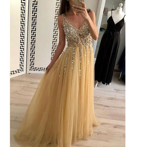 crystal prom dresses yellow deep v neck beading sequins tulle a line formal dresses evening gowns dress