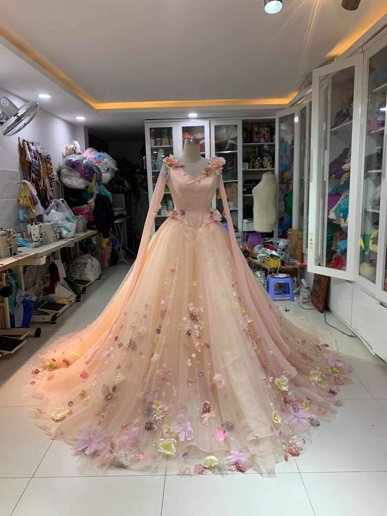 peach prom dresses 2021 v neck hand made flowers 3d flowers ball gown long sleeve tulle long evening dresses gowns