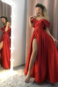 Sexy Red Satin Long Side Slit Off Shoulder Prom Dress Simple Evening Dress 2021
