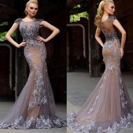 Prom Dresses Cap Sleeves Mermaid Gorgeous Long 2020 Prom Dresses Sliver Party Dresses Evening Gowns
