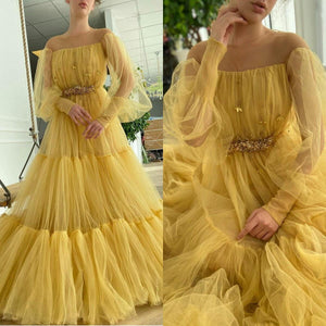Elegant 2021 Yellow Evening Gowns Sheer Long Sleeves Sweep Train A Line Prom Dresses Ruffles Vestidos Formal Robe De Soirée