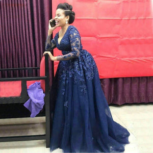 Elegant Navy Blue Long Evening Dress Plus Size Long Sleeve Lace Prom Dresses Sexy V Neck Nigeria African Formal Dress Cheap 2021